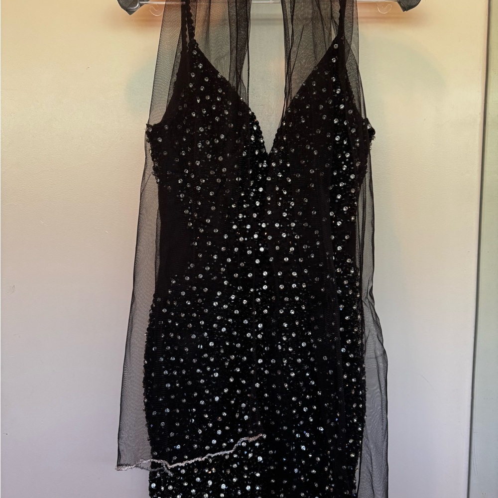 Jovani Black and White Sheath Dress Plunge Neckline Sleeveless